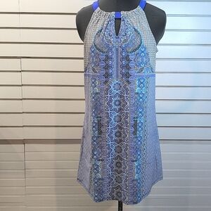 Cabana Life Women’s M Blue White Medallion Print Halter Sleeveless Dress NWOT